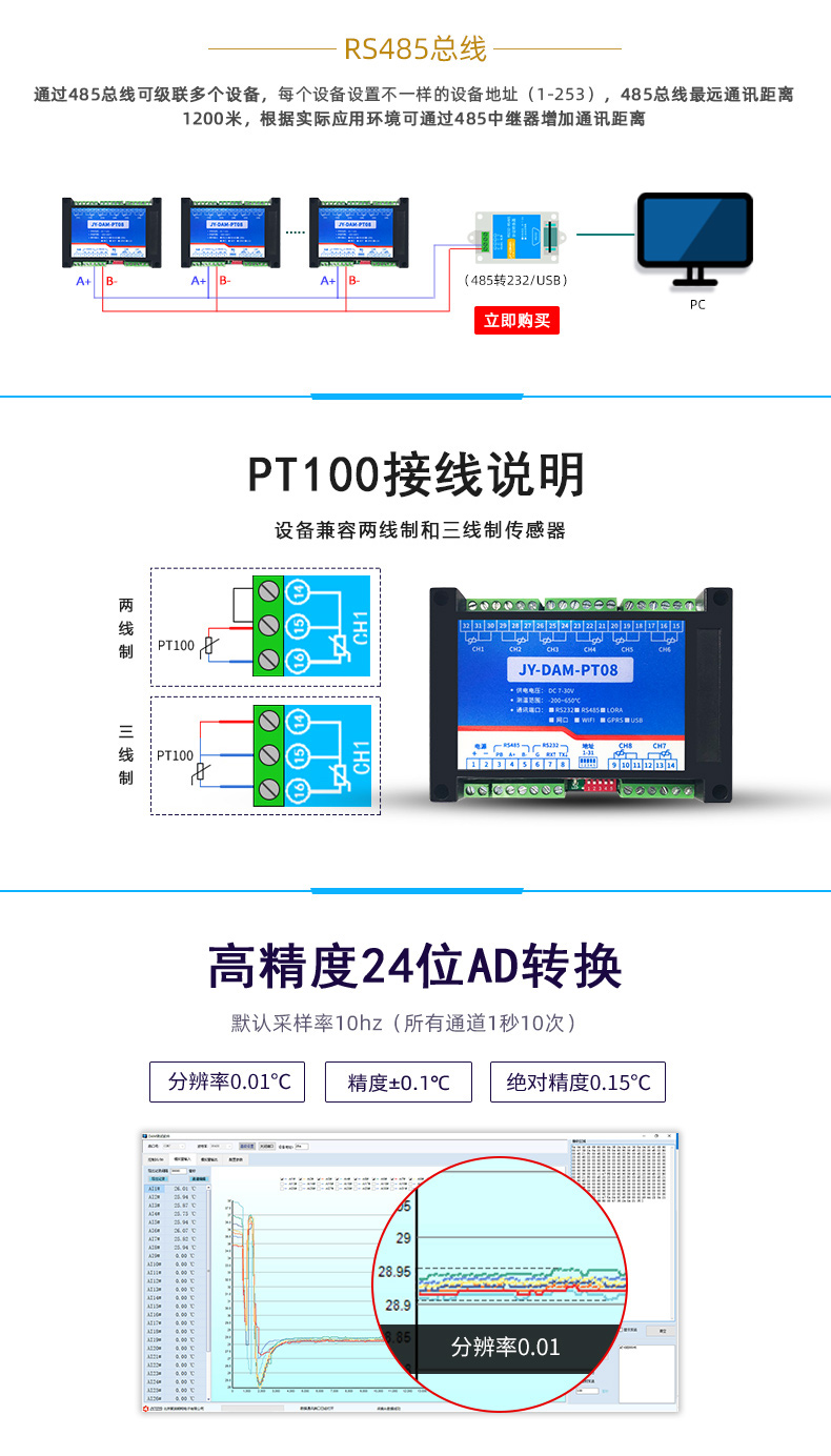 DAM-PT08 溫度采集模塊接線說明